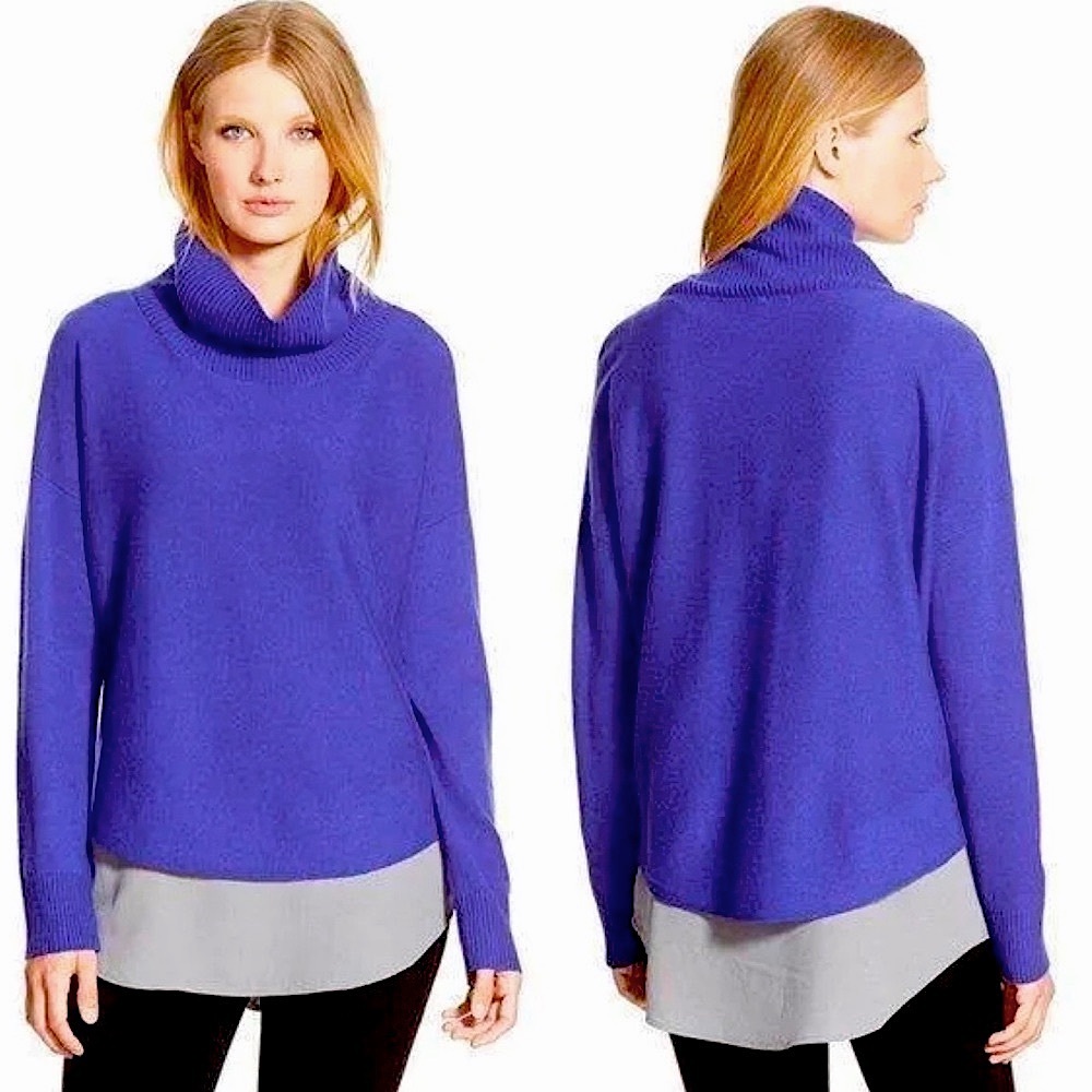 Eileen Fisher Draped Turtleneck Sweater Wool Blue Violet Curved Hem Petite Small